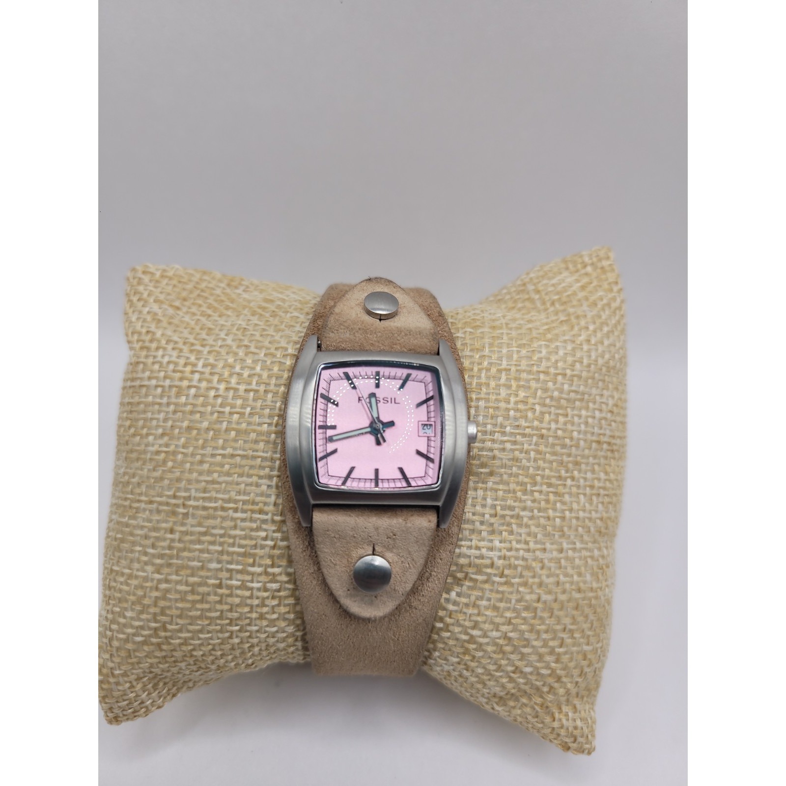 Fossil Women's Pink Dial Quartz Watch Tan Genuine Leather Cuff Strap Date Silver